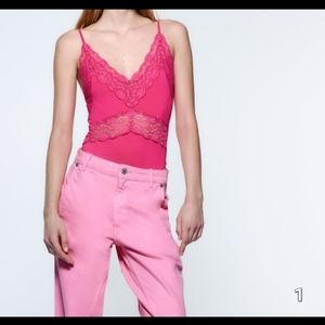 Zara LACE TRIM STRETCH BODYSUIT in pink , size Small